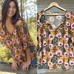 Natural Life Maribel Top Mustard Floral Boho Artsy Western Oversized Womens M